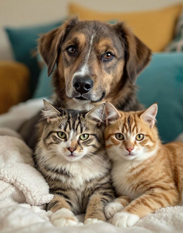 Harmonisches Zusammenleben von Hund und Katzen